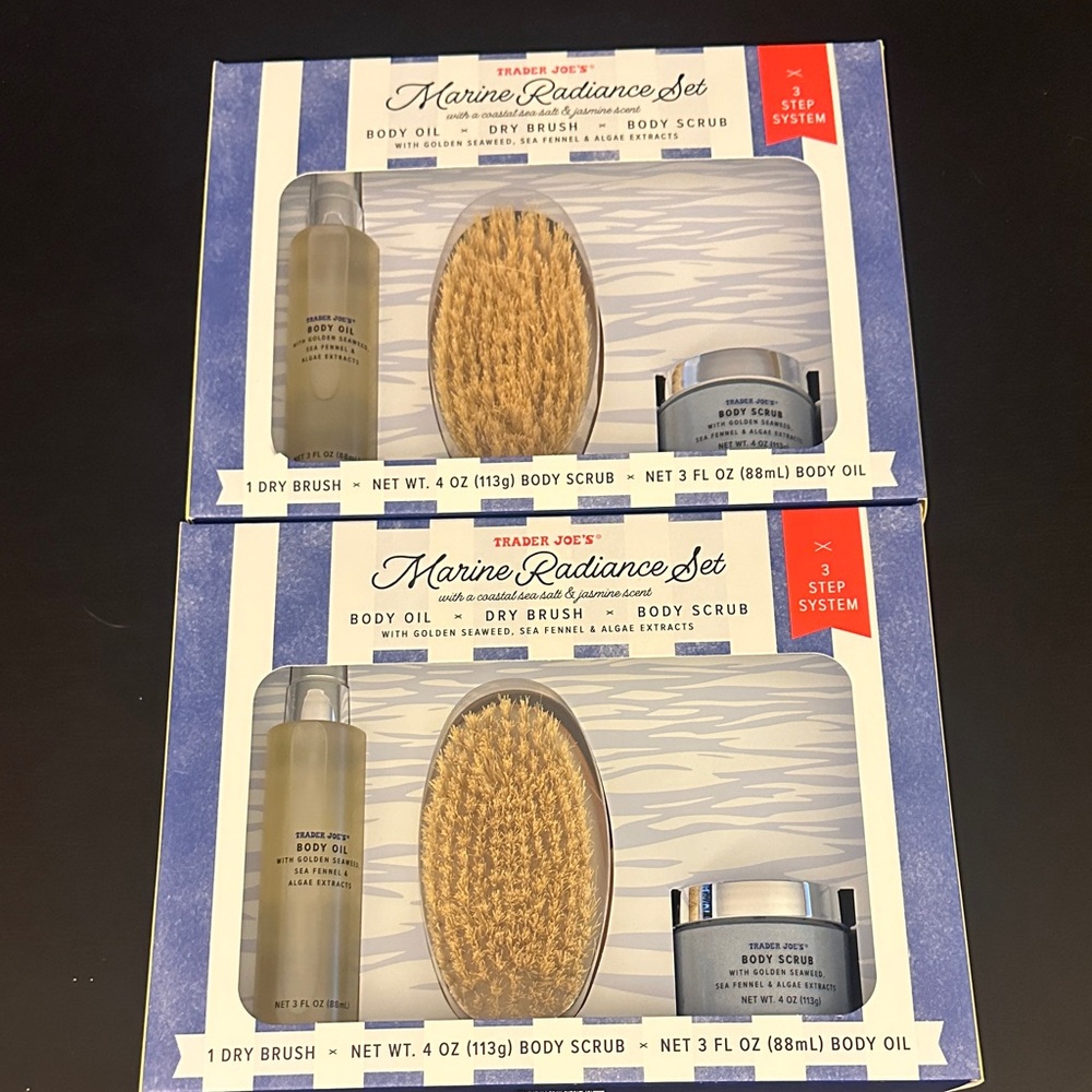 Trader Joe's Marine Radiance gift Set of 2 Body Oil, Dry Brush & Body Scrub